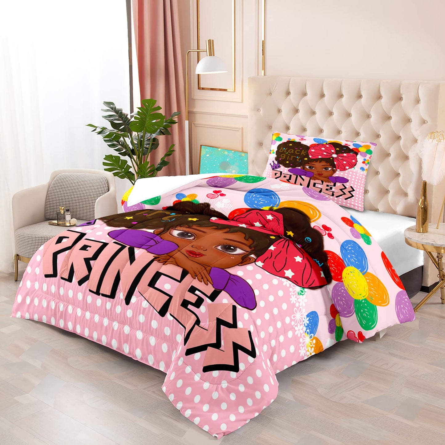 Jiospet Black Girls Bedding Sets -Black Girls Twin Comforter Set for Girl, Pink Princess Twin Bedding Sets for Kids, Twin (1 Comforter 1 Pillowcases)