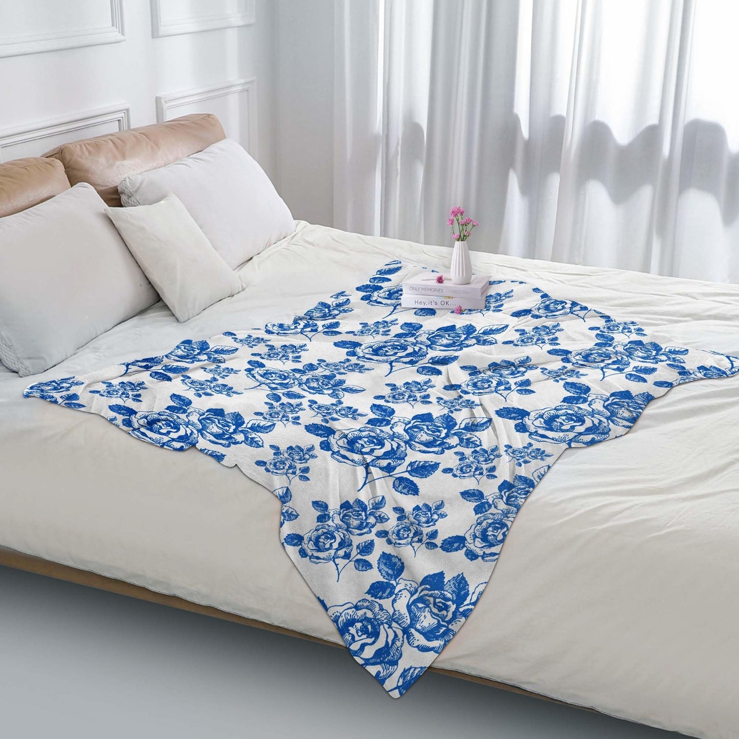 Pdvbiee Blue Floral Throw Blanket, French Country Chinoiserie, 50x60 in
