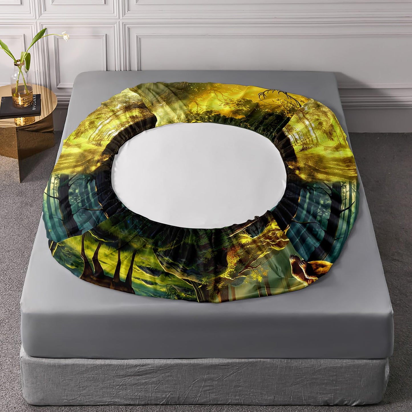 AILONEN Deer Hunting Bedding Set Twin XL Size,Green Fairy Forest Sunshine Deer Bear Fitted Sheet with 2 Pillowcases,Kids Boys Girls Soft Bed Sheet Set 3 Piece