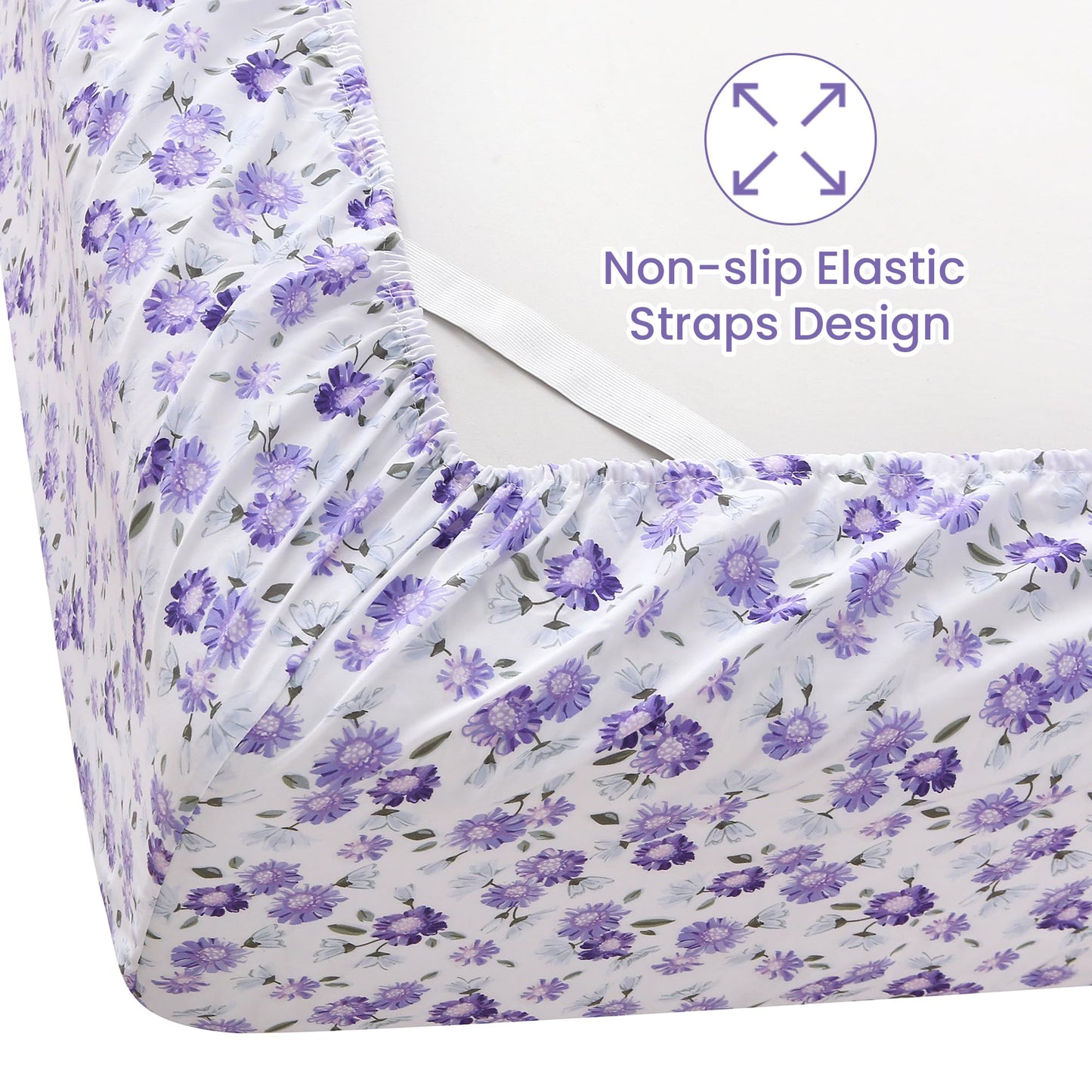 Softan Puple Floral Full Sheet Set, 4-Piece Microfiber Printed Fitted Sheet with 15" Deep Pockets & Non-Slip Straps, White Flower Patterned Double Bedding Sheets & Pillowcase Set