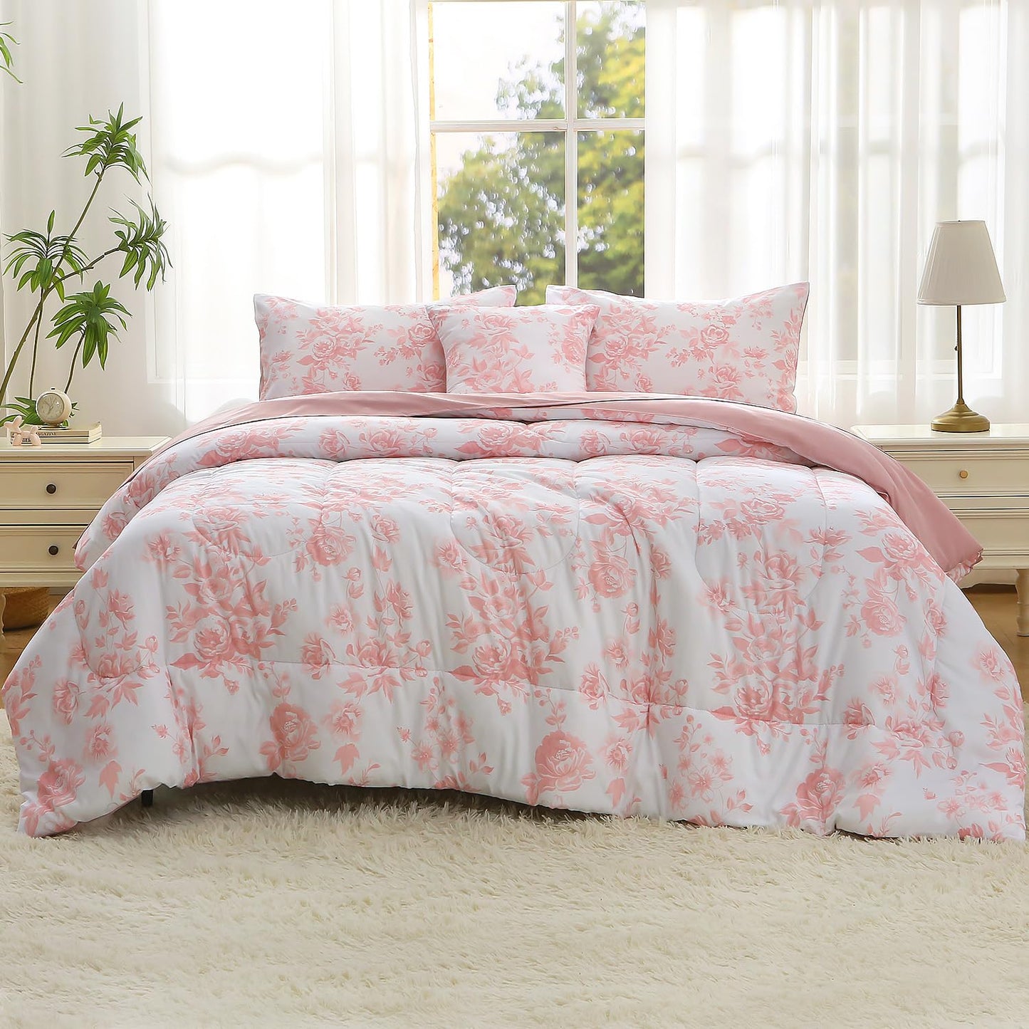 JQinHome Queen Comforter Set - 6 Pieces Reversible Pink Rose Floral Bedding Set, Bed in a Bag with Solid Pink Back Microfiber Comforter, Sheets & Cushion Cover, Edredones Queen Set Completo