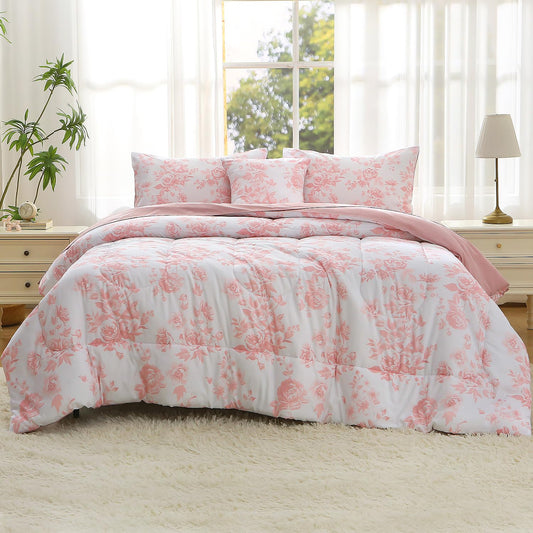 JQinHome Queen Comforter Set - 6 Pieces Reversible Pink Rose Floral Bedding Set, Bed in a Bag with Solid Pink Back Microfiber Comforter, Sheets & Cushion Cover, Edredones Queen Set Completo