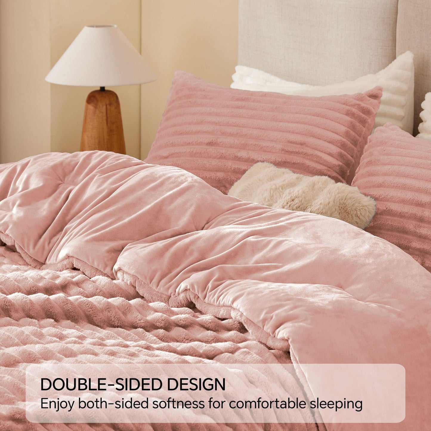 BEDELITE Fleece Queen Comforter Set -Super Soft & Warm Fluffy Dusty Pink Bedding, Luxury Fuzzy Heavy Bed Set for All Season with 2 Pillow Cases