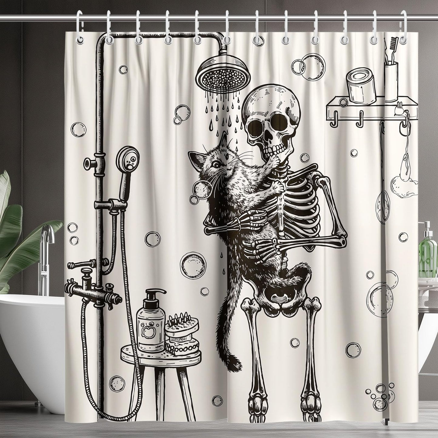Koveni Funny Skeleton Shower Curtain with Hooks, Gothic Bathroom Decor