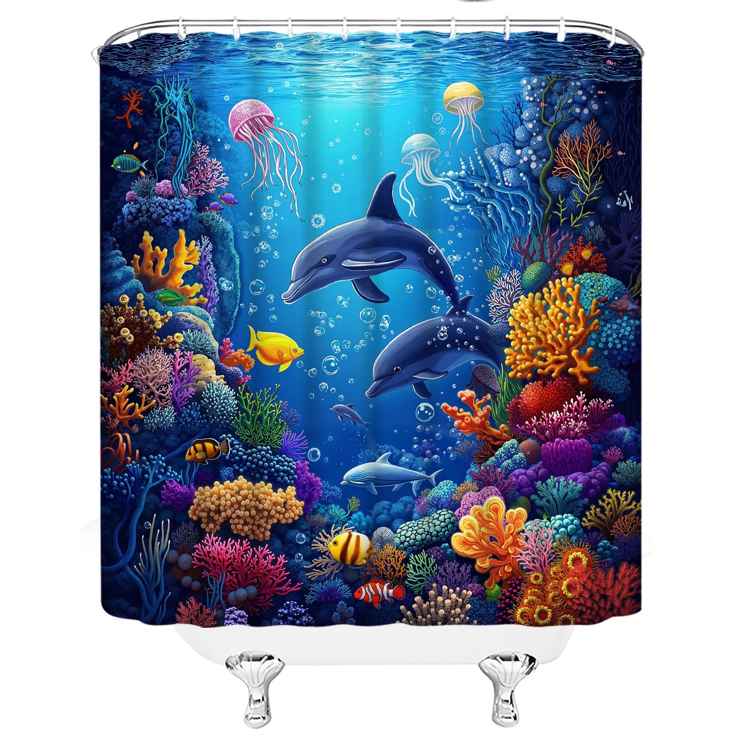 ZNLSU Underwater World Shower Curtain Blue Ocean Animal Dolphin Jellyfish Colorful Tropical Fish Sea Wildlife 70" WX70 H Bathroom Fabric Curtain with Hooks