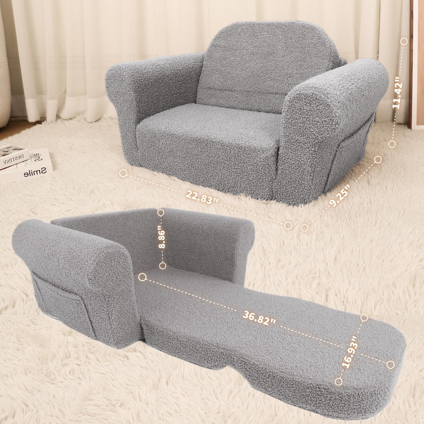 Hrebr Chairs for Toddler, 2-in-1 Toddler Soft Teddy Baby Couch Fold Out, Convertible Chair to Lounger for Girls and Boys|Safety Certified | Gift for Children