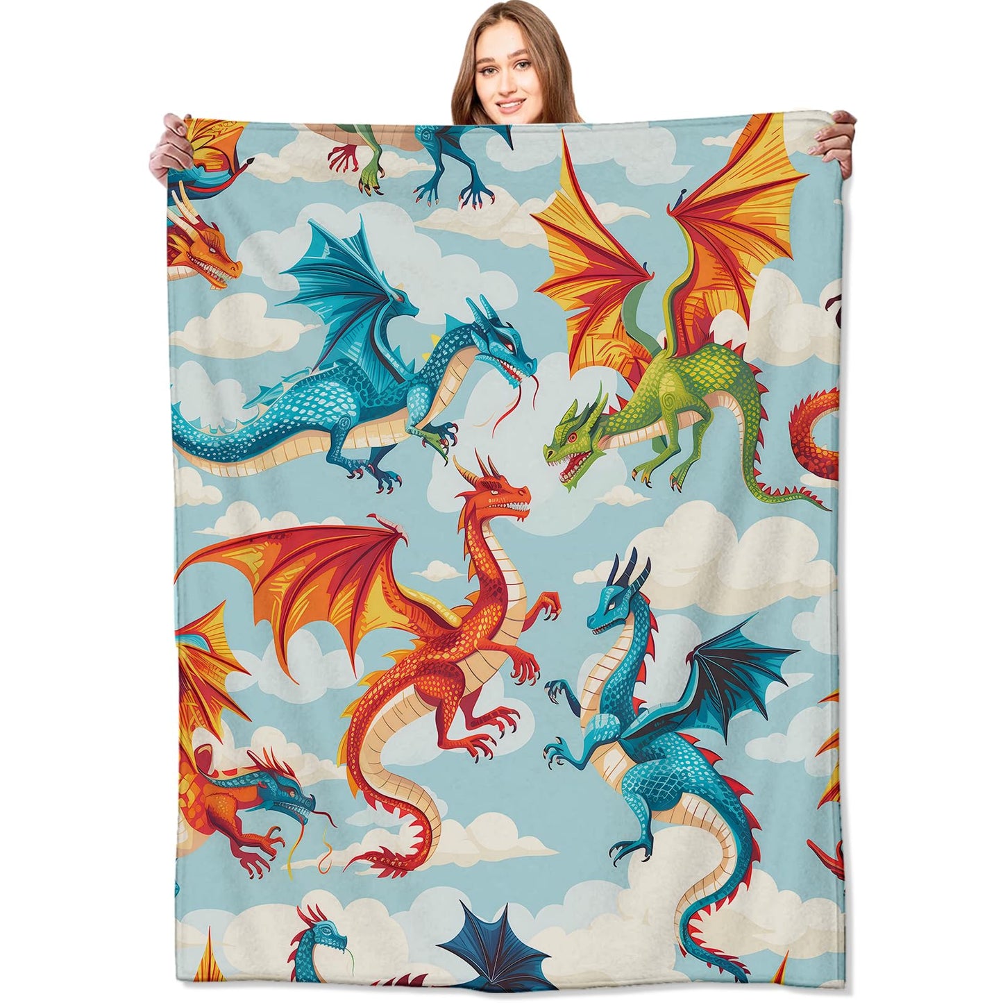 VODRM Dragon Blanket,50x60in,Cute Fire-Breathing Dragons in Sky Throw Blankets,Gifts for Kids Girls Boys, Lightweight Soft Fleece Cozy,for Sofa Couch Bed Room Travel Adventure Decor