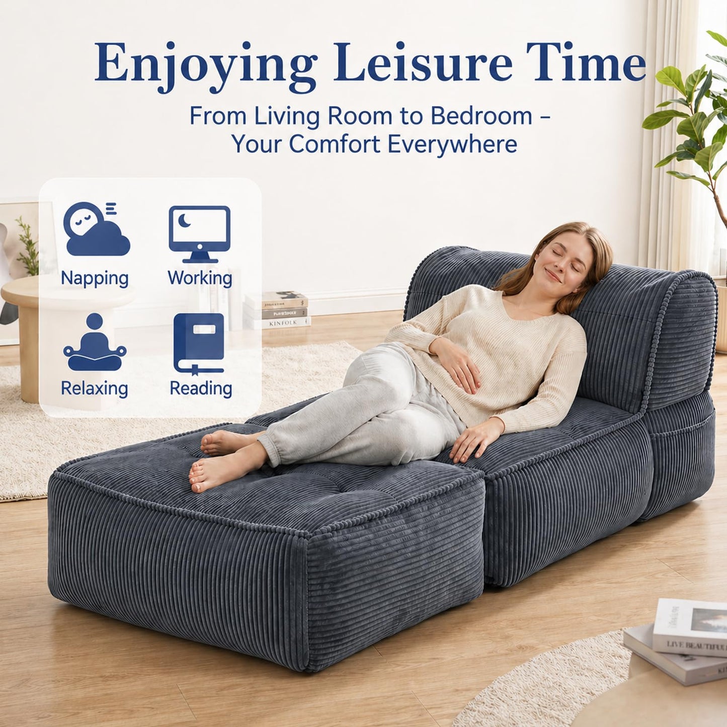 laapee Large Bean Bag Lounger Chair, Oversized Comfy Boneless Couch with High-Density Sponge, Foldable Floor Sofa for Adults, Living Room Bedroom Indoor,Gray