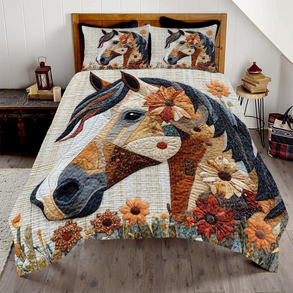 LUSHIS Patchwork Quilt Set, Patchwork Throw Bedspread Bed Sets - Animals Coverlet Sets All Season Soft Microfiber Lightweight Bedding Set (Horse)