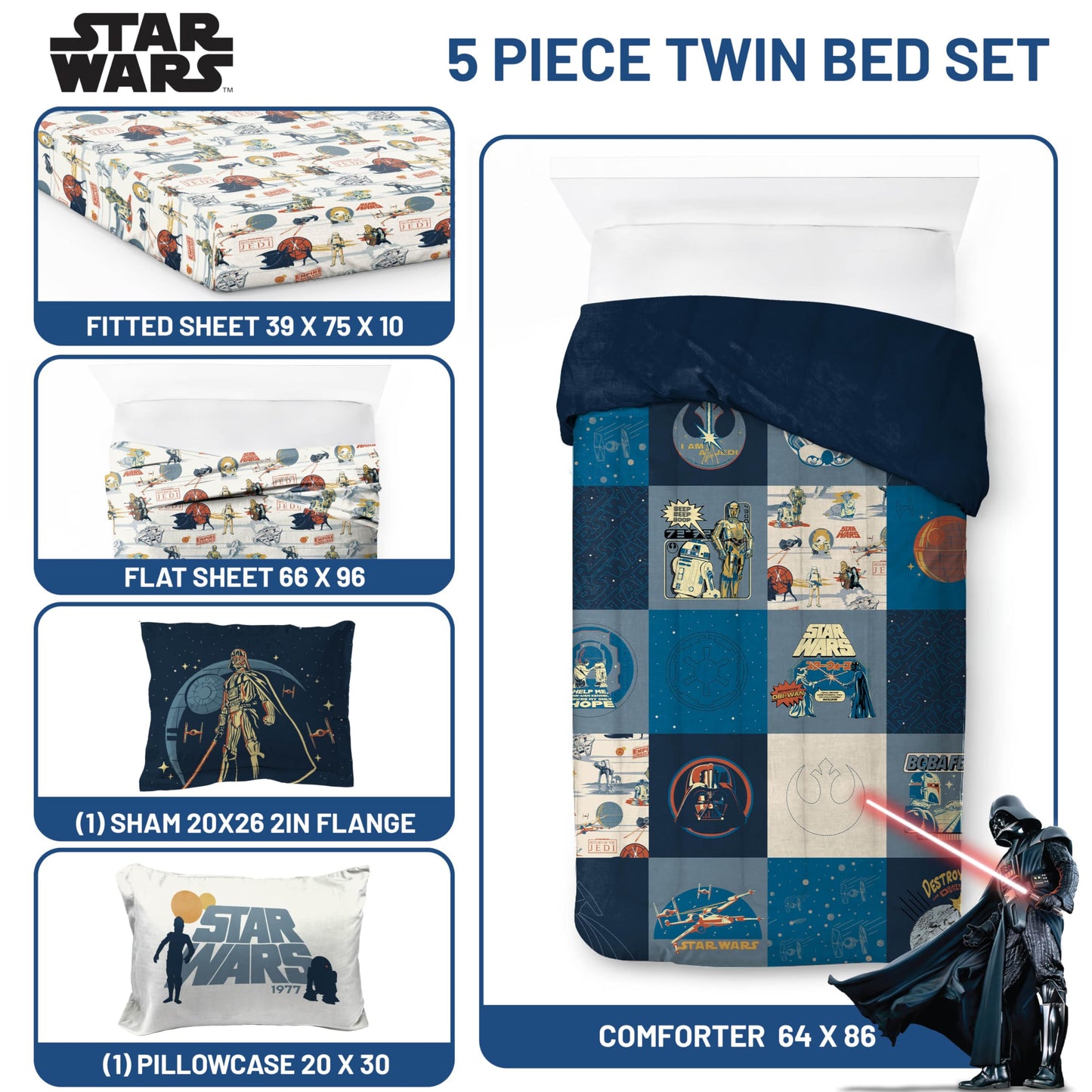 Jay Franco Kids Bed Set, Blue, Star Wars, 5 Piece Twin