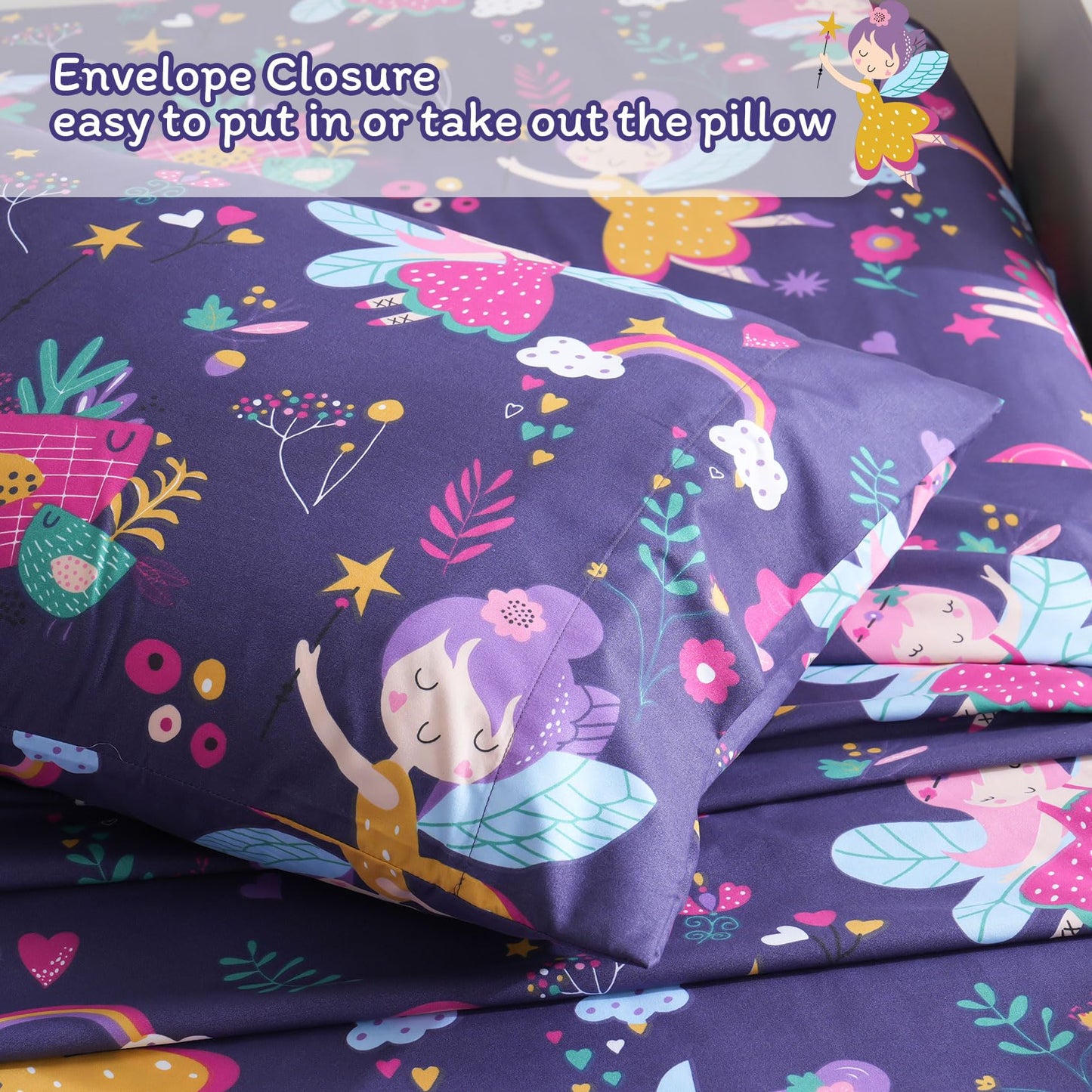 JSD Purple Fairy Kids Sheet Set Twin Size, 3 Piece Girls Floral Printed Microfiber Sheets Deep Pocket