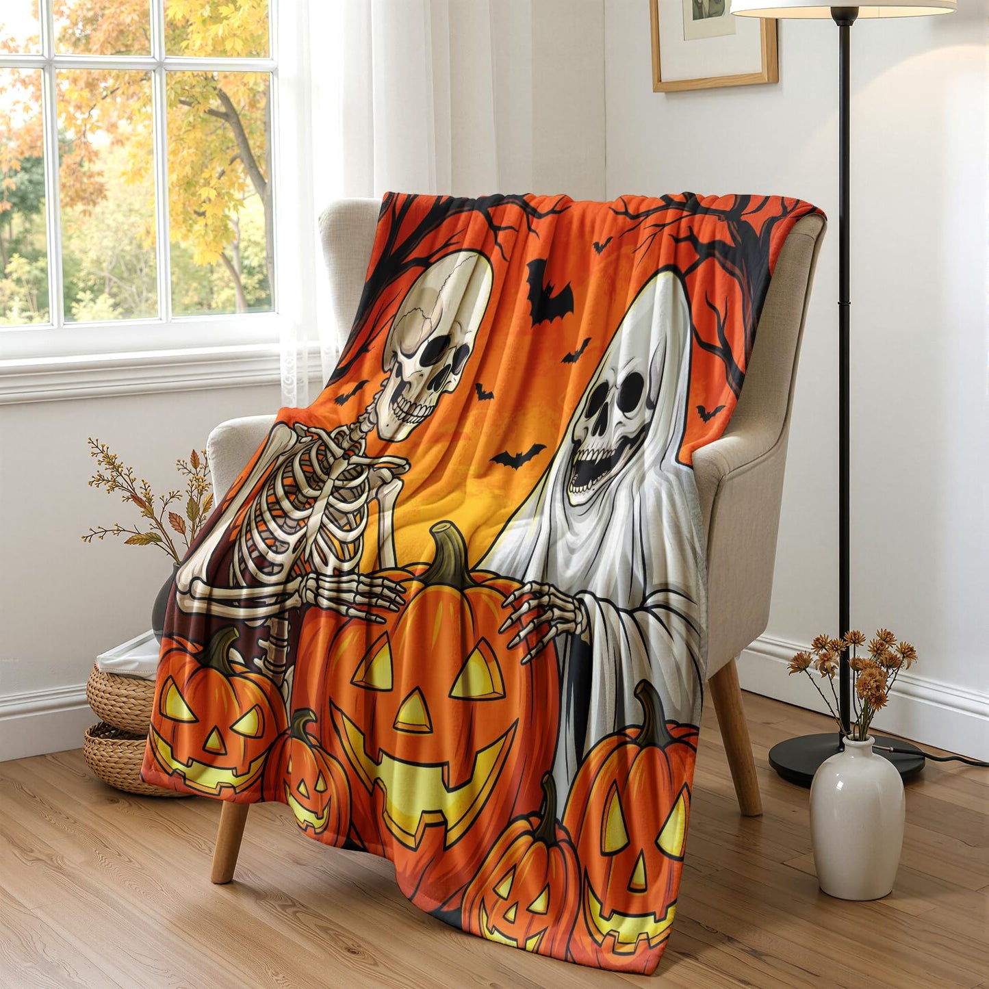 GEDAEUBA Halloween Throw Blanket for Bed - Spooky Ghost Skeleton Pumpkin Bat Fleece Blanket King Size, Soft Cozy Blankets & Throws for Couch, Bed, and Sofa, 90x108 inches