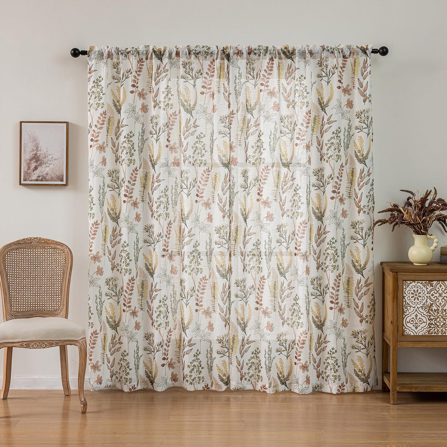 SUOUO Red-Brown Tropical Leaves Semi Sheer Curtains Linen Textured for Living Room Patterned Wildflower 84 inches Long Window Drapes for Dining Bedroom 2 Panels