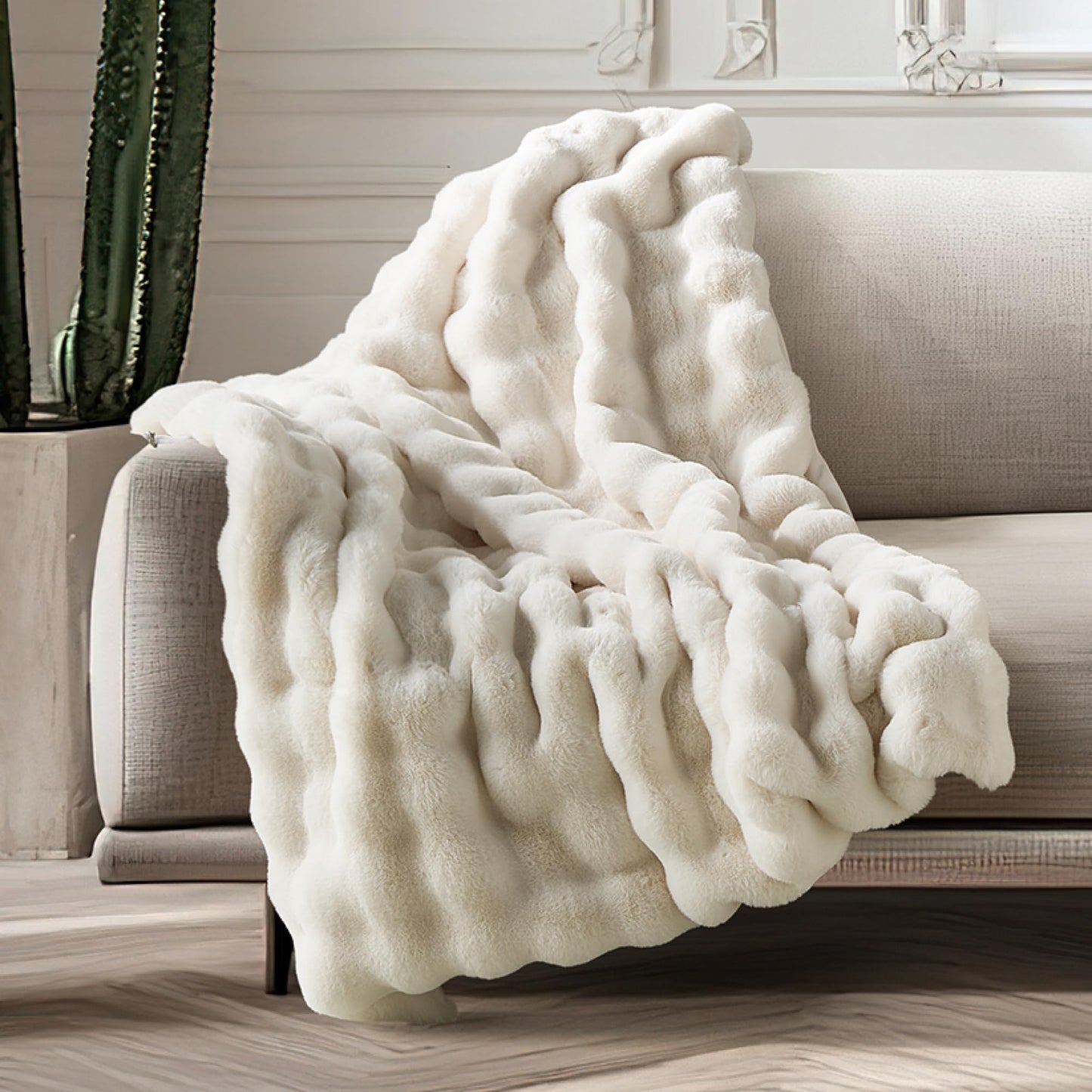 Luxury Ultra Soft Faux Fur Throw Blanket, 50x60 Inches Fluffy Plush Thick Bubble Blanket for Couch and Sofa, Premium Velvet Cozy Lola Fuzzy, 1000 GSM (Cream White)