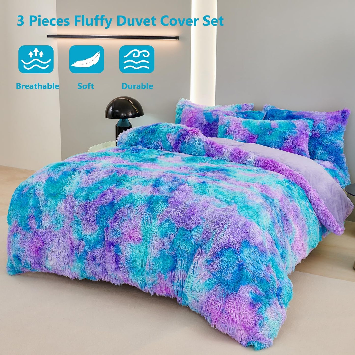 SUCSES Blue Purple Fluffy Twin Bedding Sets for Girls 3Pcs Faux Fur Plush Shaggy Kids Duvet Cover Set Twin Size Tie Dye Velvet Furry Comforter Cover Set