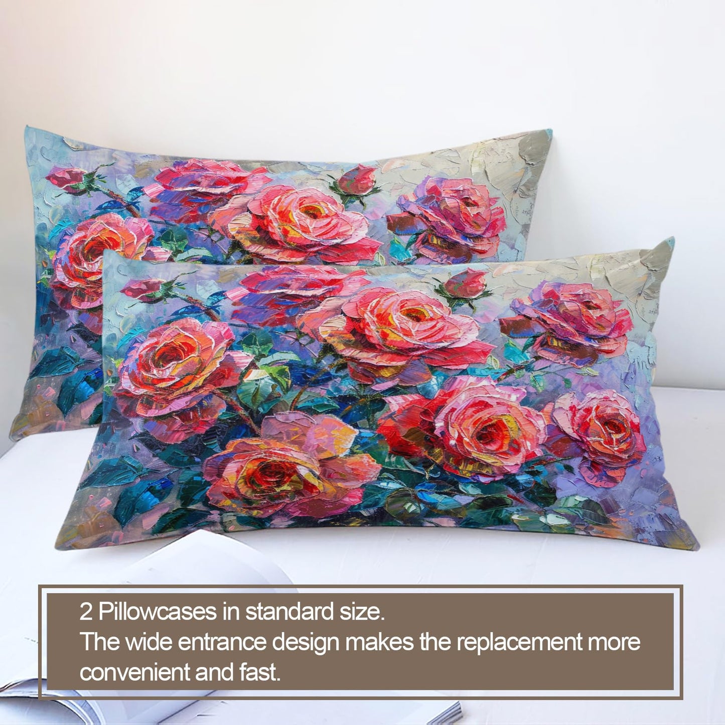 QINYUN Rose Flowers Comforter Set Oversized King, Vibrant Floral Bedding Set 3 Piece, Red Rose Blooming Duvet Cover with Zipper & Ties, 2 Pillowcases