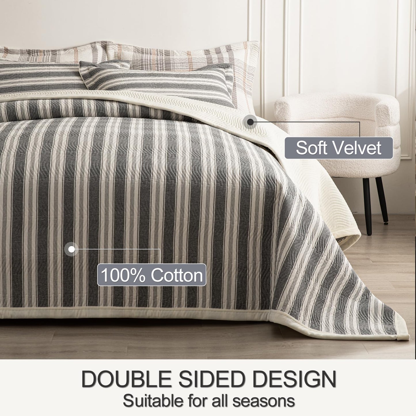 tohrisa Cotton Striped Quilt Set, Ultra Soft 3 Pieces King Size Bedding with 2 Pillow Shams, Lightweight Reversible Coverlet Bedspread with Wave Quilting for Summer, 108"x96", Stripe-Grey White