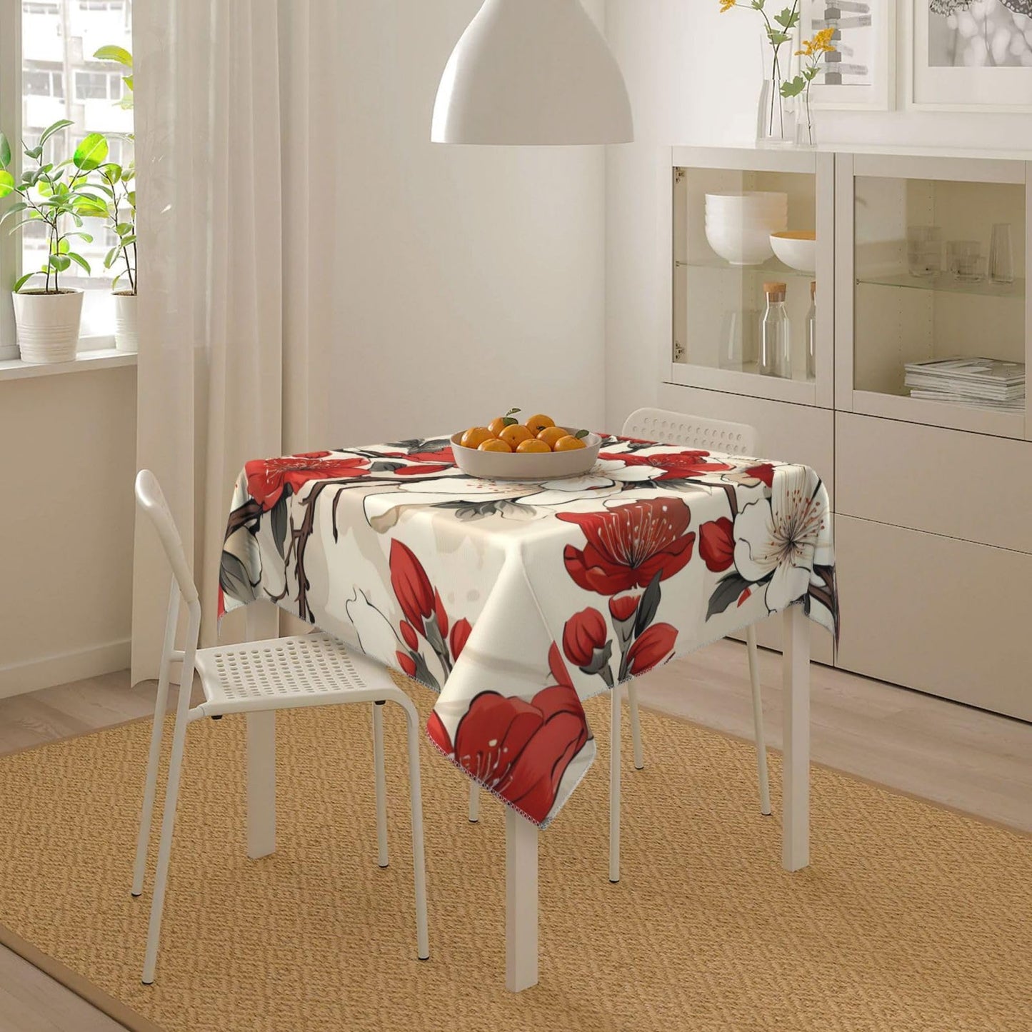 DXTKWL Table Cloth Japanese White Red Cherry Blossom Square Tablecloth 55x55 in Washable Stain Resistant Table Cover for Dining Parties Indoor Outdoor