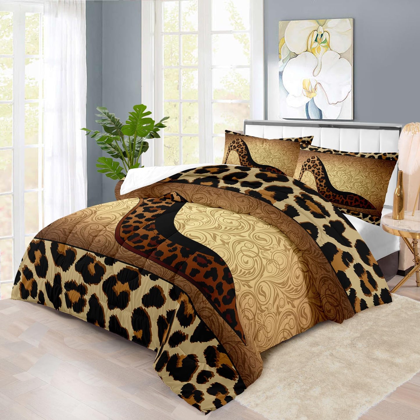 llyxsesty Leopard Comforter Set King Girls,Sexy High Heel Comforter for Women,Leopard Print Bedding Set King Adult,High Heel Quilt Bedroom Decor,African Animal Print Bedding Quilt