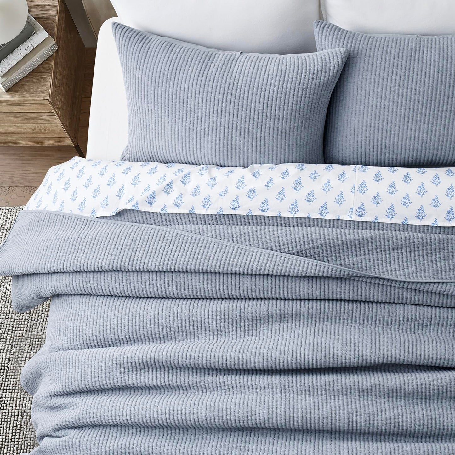 EVERGRACEHOME Cotton Coverlet Set Full Queen Size 3 Pieces, Lightweight Soft Ribbed Matelassé Bedspread Quilt Set, Cozy Oversized Quilted Bedding Set with 2 Pillow Shams for All Seasons, Blue Linen