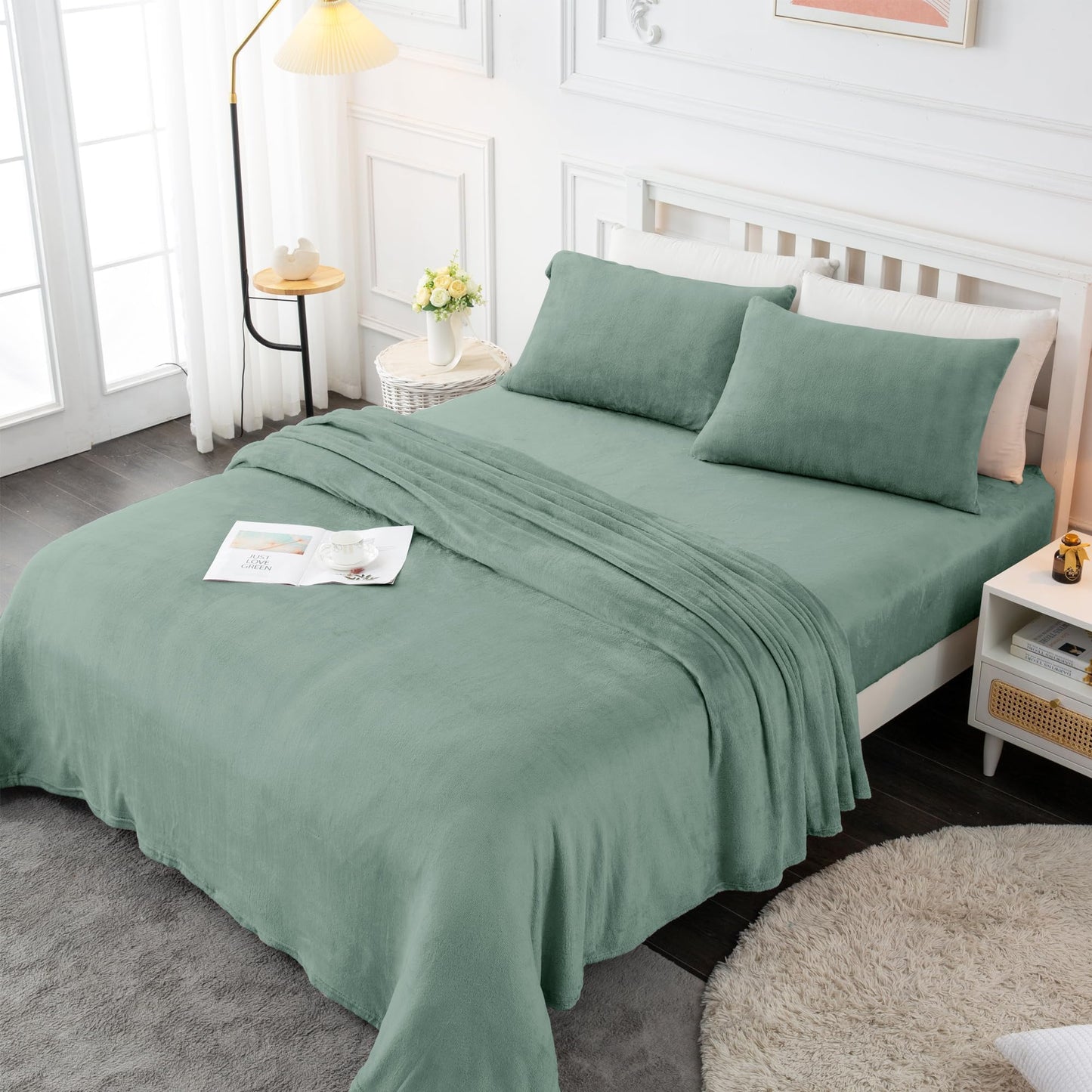 Viviland Plush Micro Polar Fleece Full Bed Sheet Set, Cozy Flannel-Like Velvet/Velour Fitted Sheets with 15" Deep Pocket, Fuzzy Warm Winter Double Sheets & Pillowcase Set, Sage Green