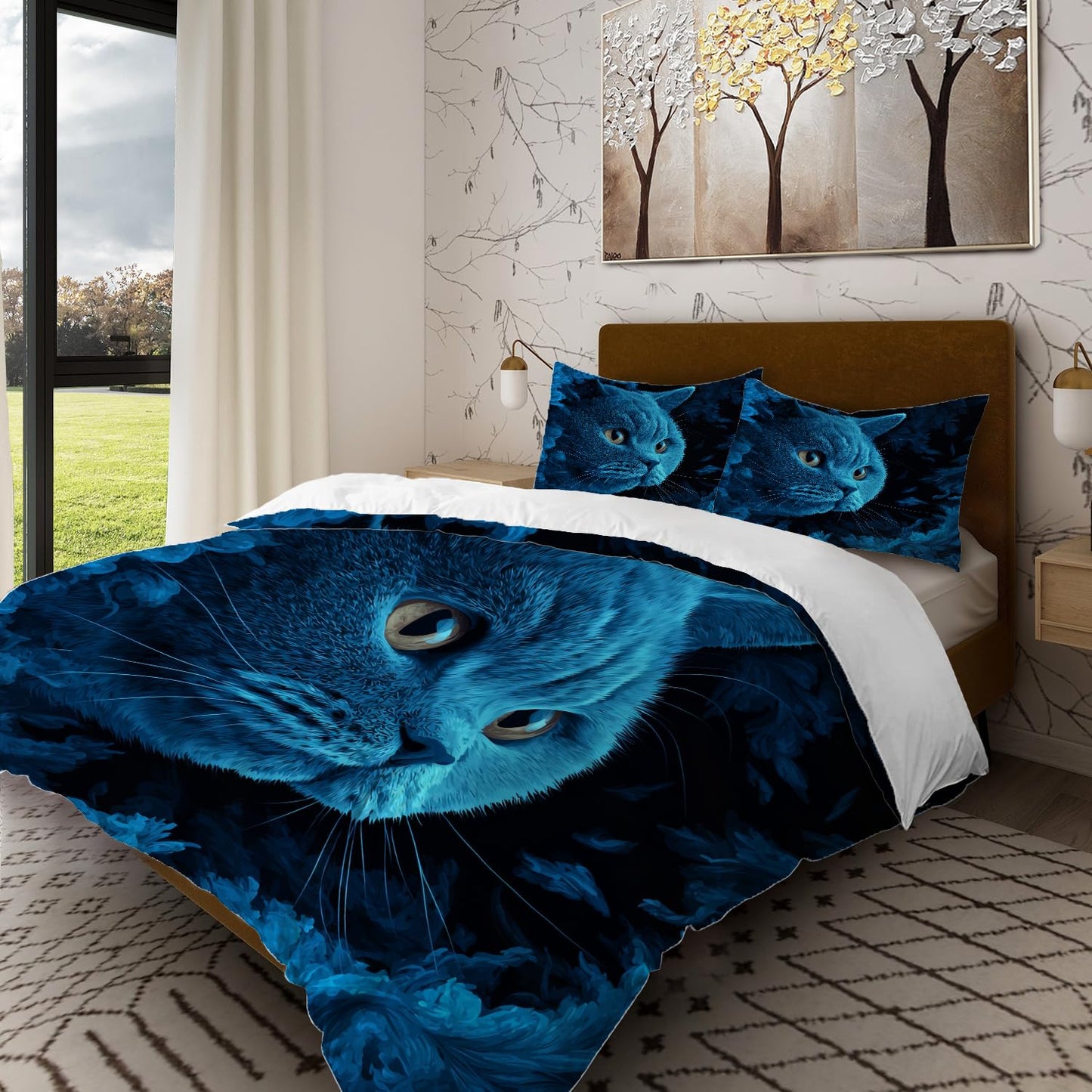 Batmerry Cute Cat King Size 100% Cotton Duvet Cover Sets, Blue in Feathers Bedding Set with Zipper Closure Corner Ties, 3 Pieces (1 Cover + 2 Pillowcases No Comforter)