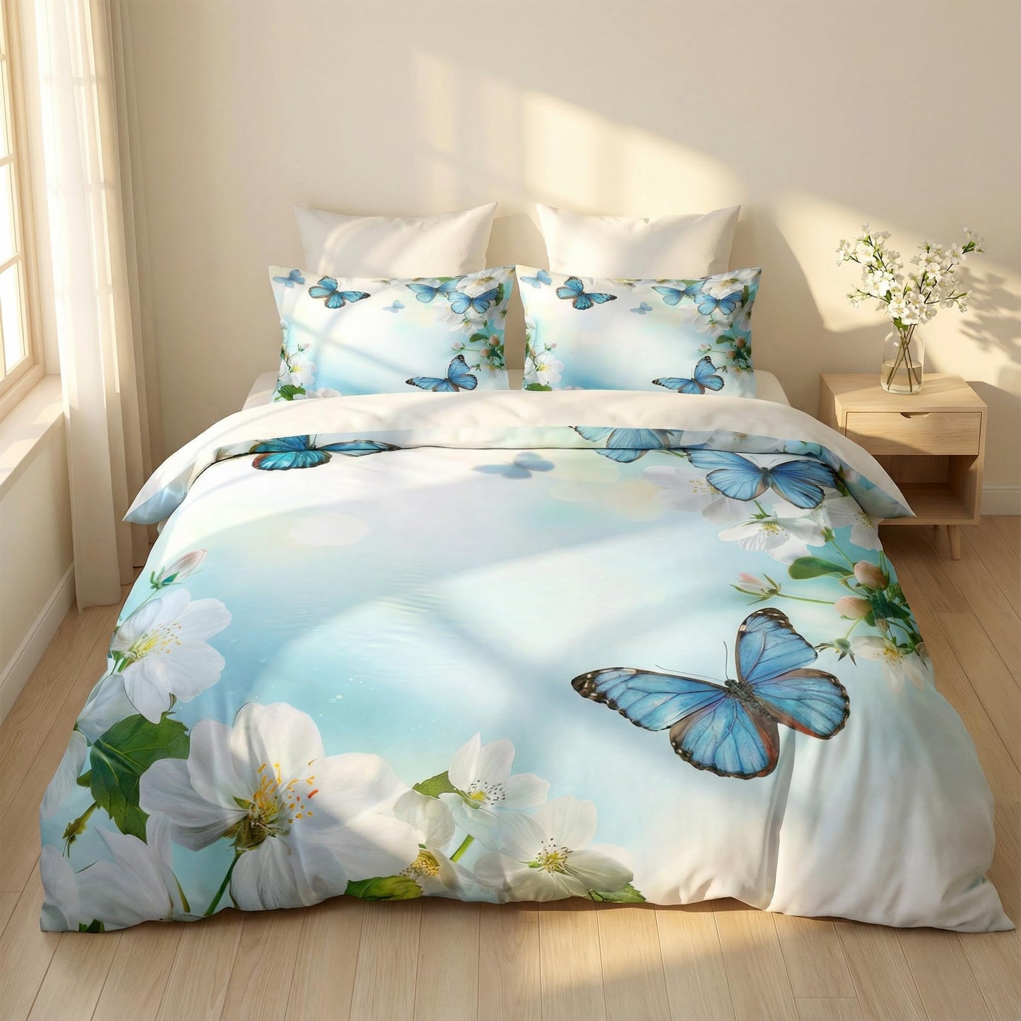 CCoutueChen Kids Twin Size Butterfly Floral Comforter Set, 2 Pcs Blue Botanical Flowers Soft Bedding for Girls, Warm Microfiber Country Bed Set with 1 Pillowcase, 68"x86"