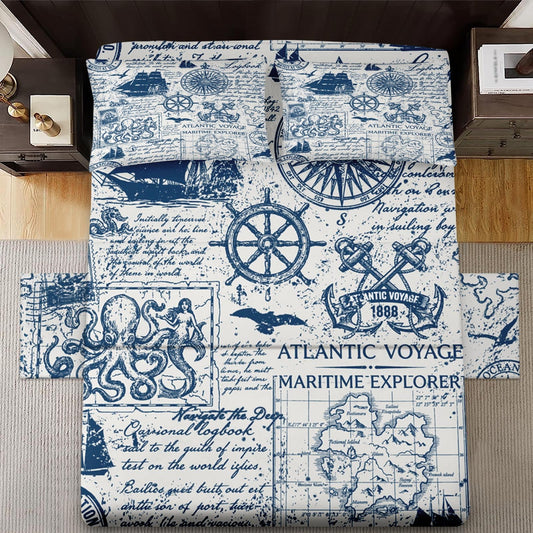 WeCozy 4 Pcs Queen Size Bed Sheet Sets with 2 Pillowcases, Nautical Ocean Anchor Vintage Soft Microfiber Bedding for Kids and Adults, Octopus Sailor Flat, Fitted Sheet for Bedroom Bed Decor