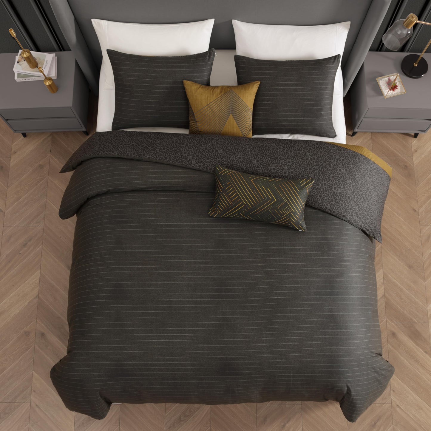 Bebejan Golden Hex 5 Piece Comforter Set, 100% Cotton Sateen, 220 Thread Count, Grey Reversible Bedding Comforter Set, 1 Comforter, 2 Shams & 2 Pillows (King/Cal King)