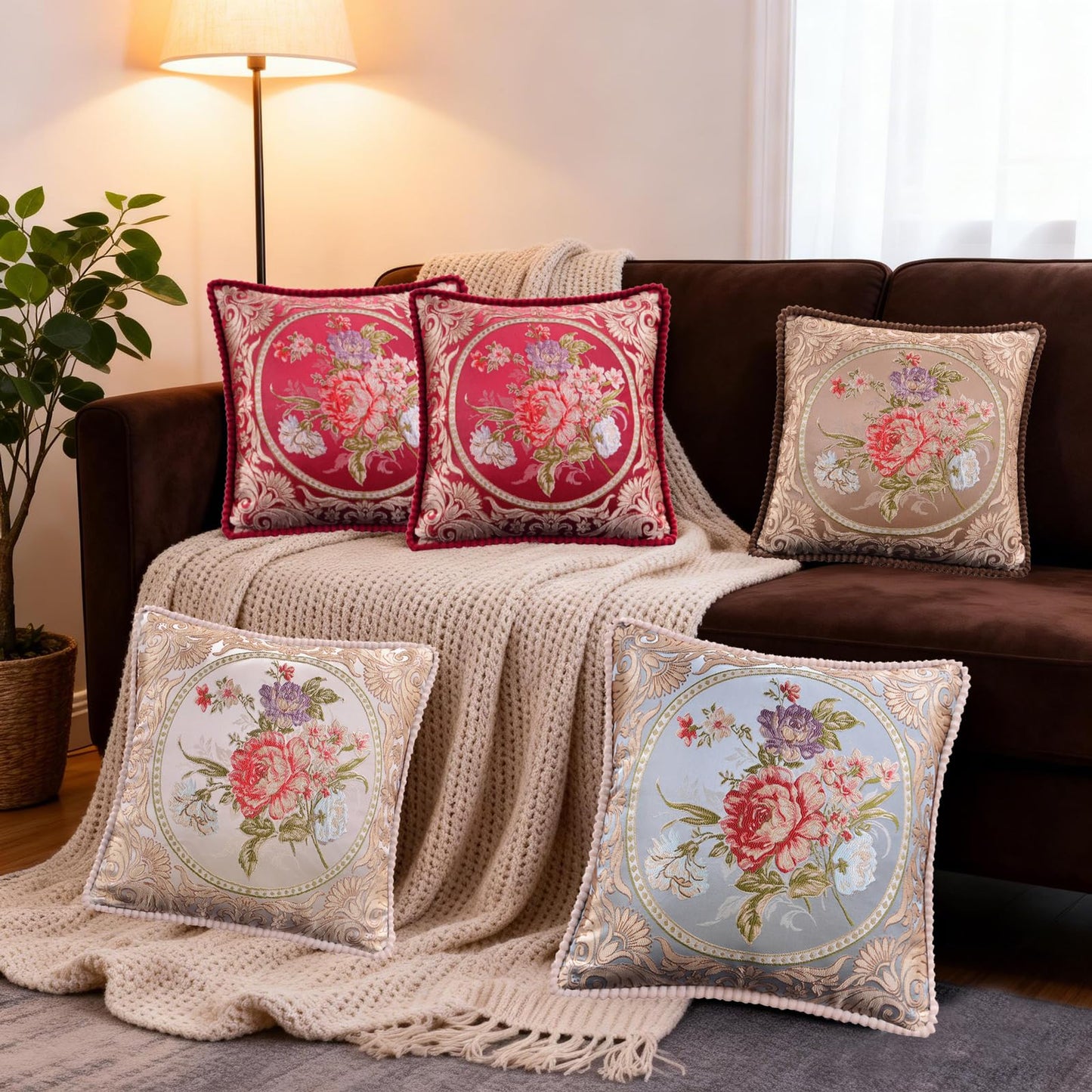 Qupace Set of 2 Vintage Blue Embroidered Throw Pillows Covers 18x18in，Flowers Retro European Pillow Covers for Sofa Couch Cushion Cover for Sofa Bed Chairs Car