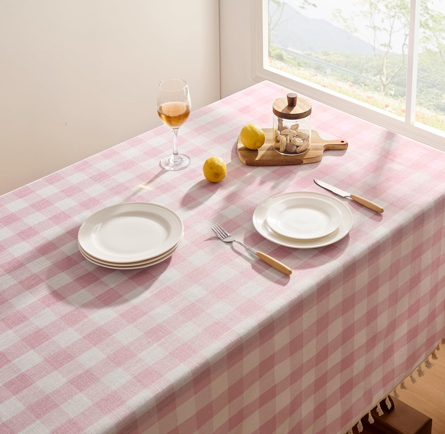 Softalker Pink Gingham Tablecloth Rectangle, Outdoor Linen Cotton Checkered Table Cloth with Tassel, Heavy Duty Wrinkle Free Buffalo Plaid Table Cover for Kitchen Dining Home Party - 55 x 84 Inch