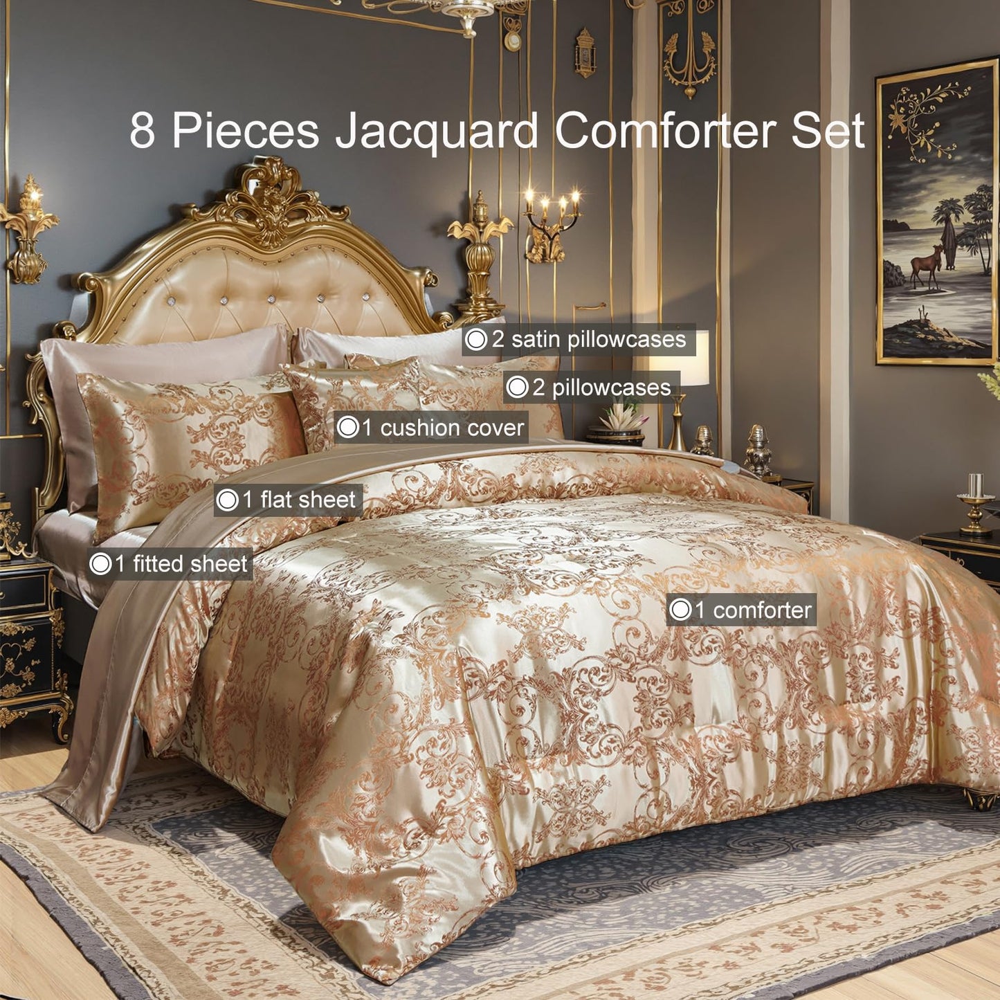 King Size 8-Piece Jacquard Comforter Set with Satin Sheets Set – Elegant Coordinated Bedding Collection for Bedroom Gold Bed-in-a-Bag