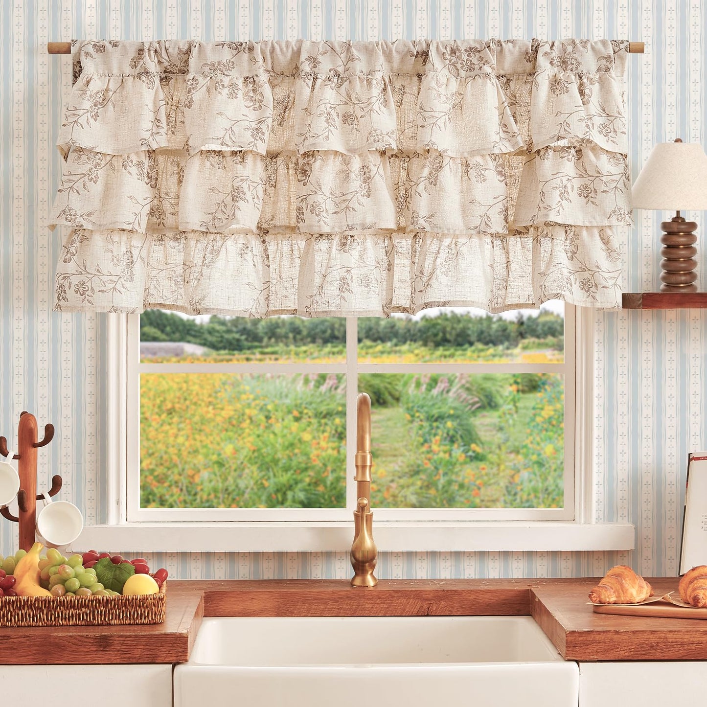 jinchan Ruffled Floral Valance Curtain Shabbychic Linen Window Valance 18 Inch Farmhouse Rustic Window Treatment for Kitchen Bedroom Living Room Rod Pocket 1 Panel Taupe on Linen