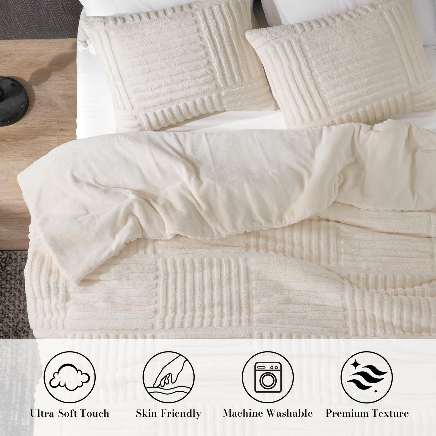 Amélie Home Fleece Comforter Set Queen Size, Beige Fleece Bedding Set with Stripe Jacquard, Soft Fluffy Bedding Set, 3 Pieces, 1 Warm Comforter and 2 Pillowcases