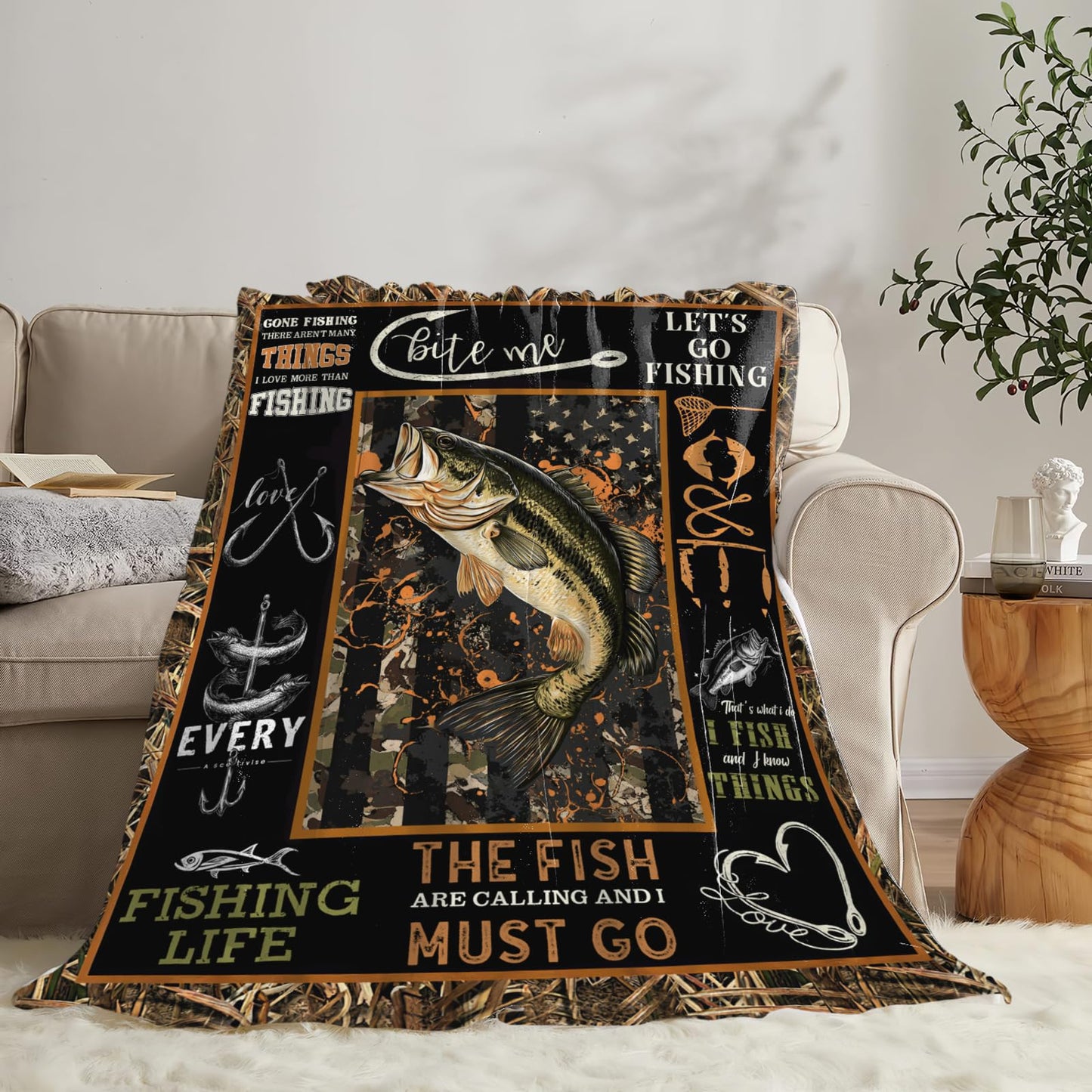 Dynova Fishing Blanket Cozy Plush Fish Throw Blankets Fuzzy Flannel Fleece Camo Fisherman Gifts Decor for Boys Men 50"X40"