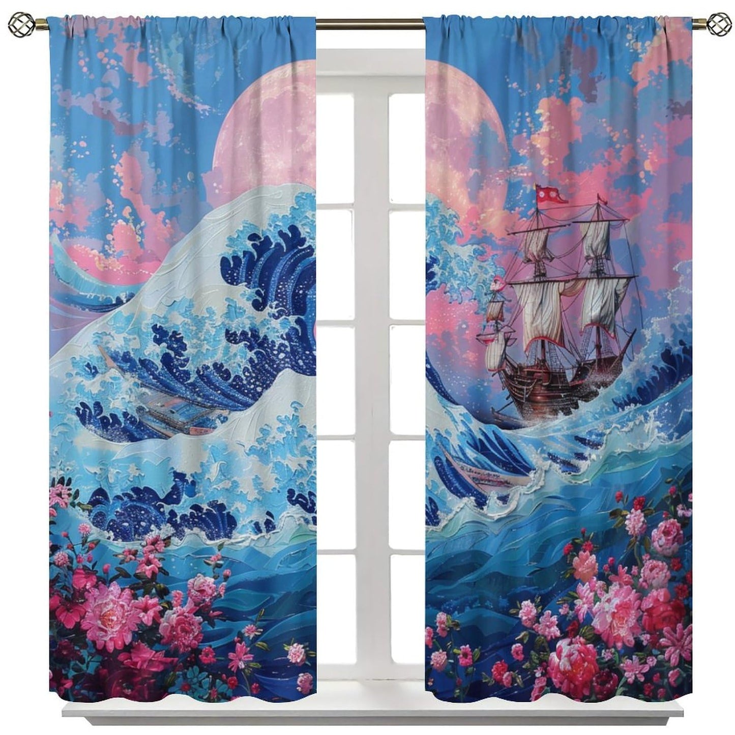 TOWINSFB Asian Sea Wave Blackout Curtains, Nautical Old Ship Floral Moon Home Decor Rod Pocket Window Drapes for Living Room Bedroom- 2 Panels, Each 21" W x 63" L