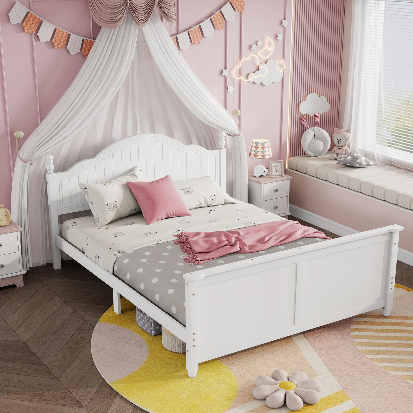 Aurnienofus Full Size Bed Frame Kids with Rails & Headboard, Wooden Low Platform Bed Frames with Detachable Guardrails, Footboard & Slat Support for Kids Girls Boys, Full Beds White