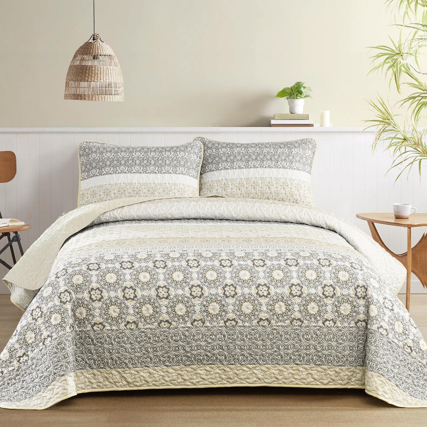WONGS BEDDING Boho Quilt Set Queen Size,Beige Bohemian Striped Patchwork Bedspread Set,3 Pieces Microfiber Bedding Set for All Seasons (96"x90")