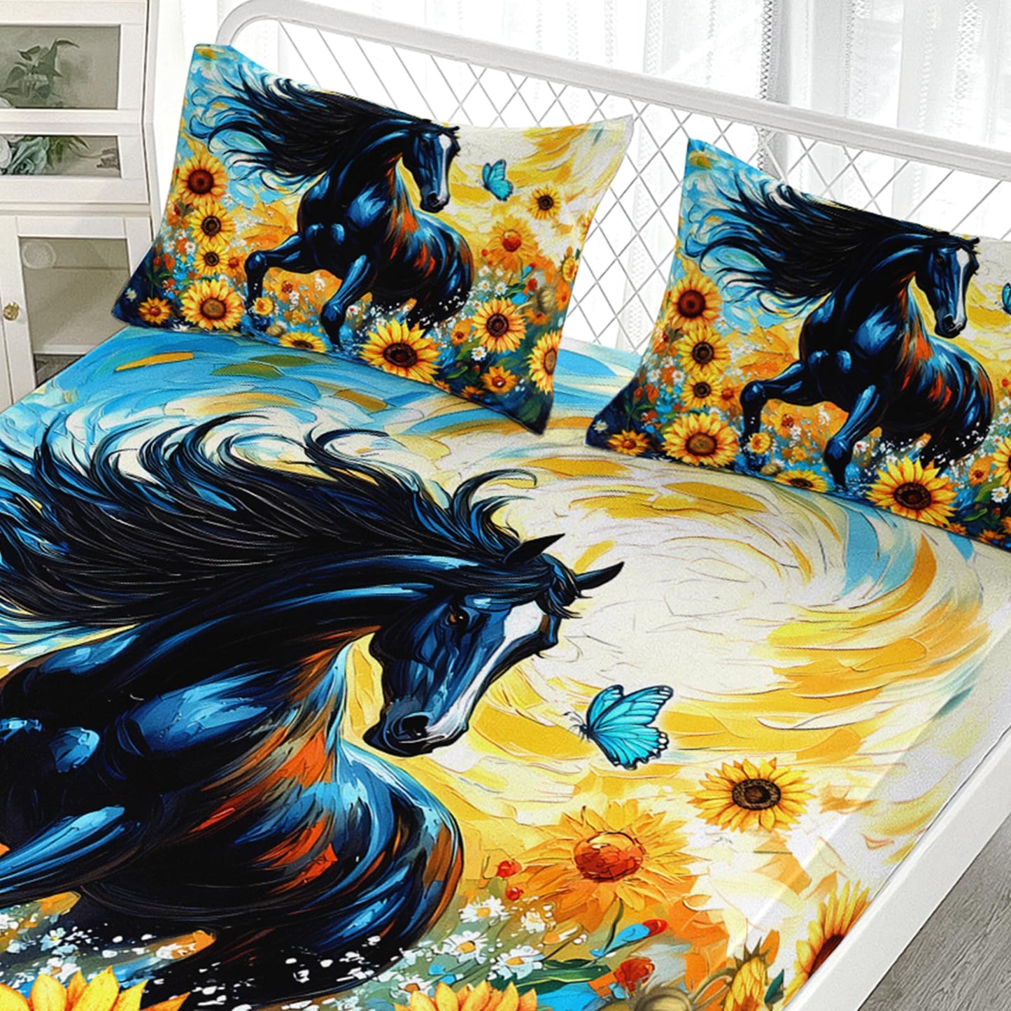 AILONEN Galloping Horse Bedding Sets for Kids Teens,Yellow Sunflower Floral Bed Sheets Set, Queen Size,Wildlife Animal Theme Fitted Sheet Set,1 Deep Pocket + 2 Pillowcase,Soft Breathable