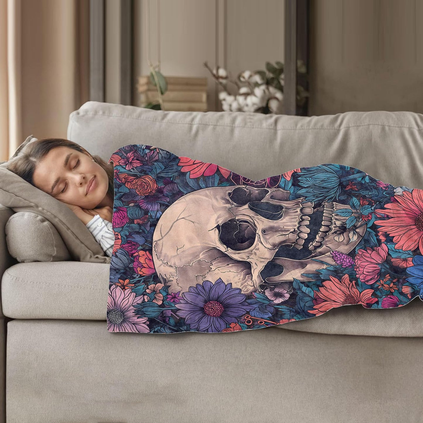 Plistiz Goth Floral Skull Throw Blanket 50x60 Inch, Gothic Style Blankets for Unique Home Decor, Skeleton Flannel Throw, for Women Men