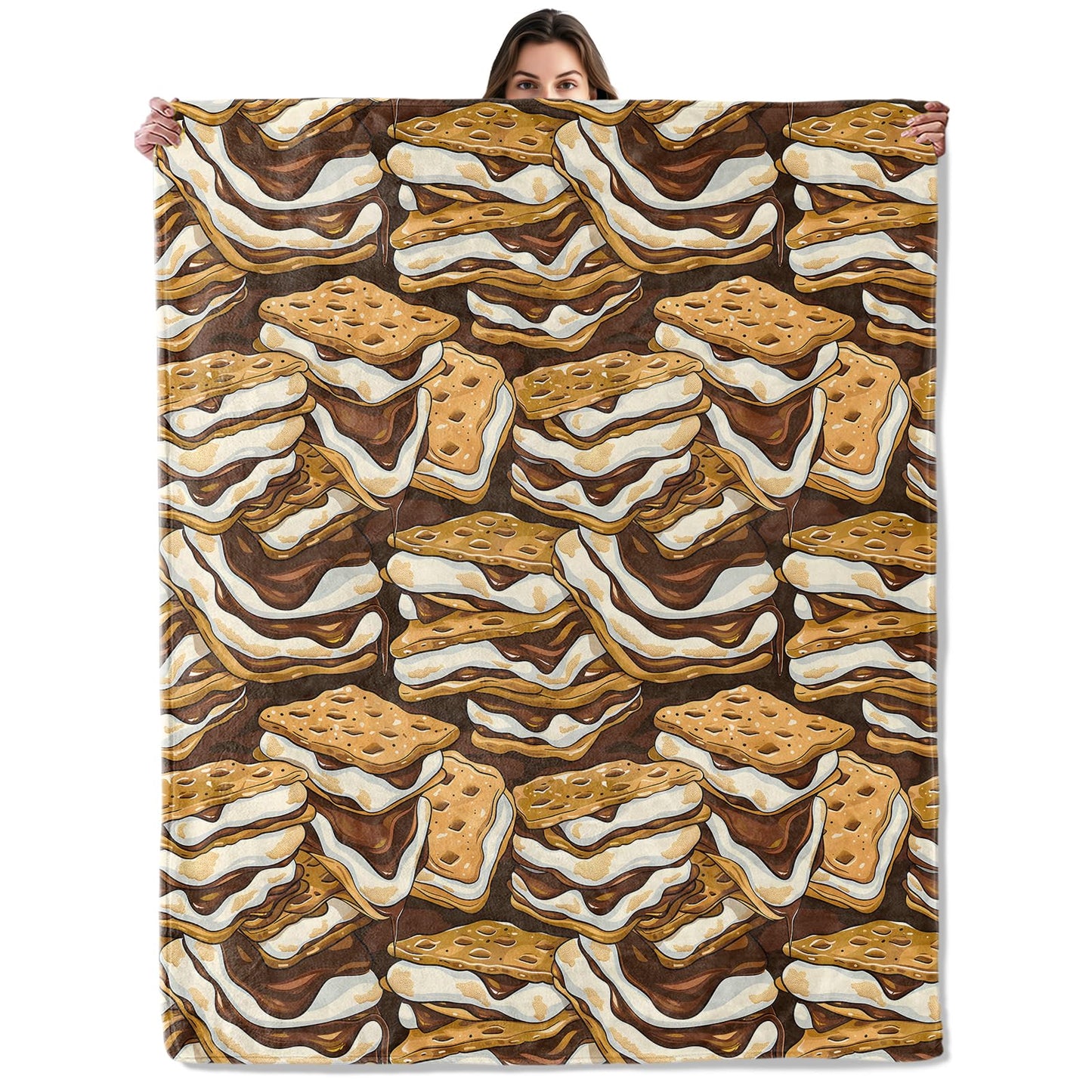 Dessert Pattern Throw Blanket for Boys Girls Kids Adults, Cozy Chocolate Marshmallow Graham Cracker Theme Flannel Blankets Gifts for Camping, Bedroom, Couch, Room Home Decor, 50"x60"