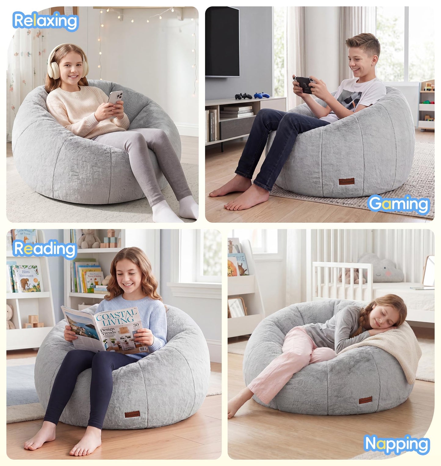 Hobestluk Bean Bag Chair for Teens Beanbag with Donut Shape Small Bean Bag Chair with Portable Handle Kids Bean Bag Couch for Living Room Bedroom Playroom (Grey, Large)