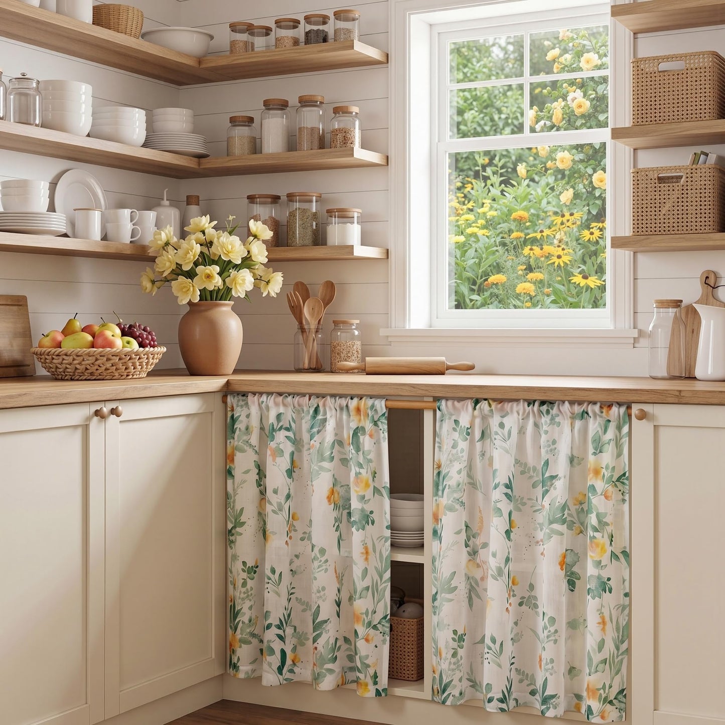 MYSKY HOME Green Sheer Curtains 36 Inches Long 2 Panels Set Country Rustic Floral Design Spring Short Curtains for Windows Rod Pocket Drapes, Each Panel 52" Wide