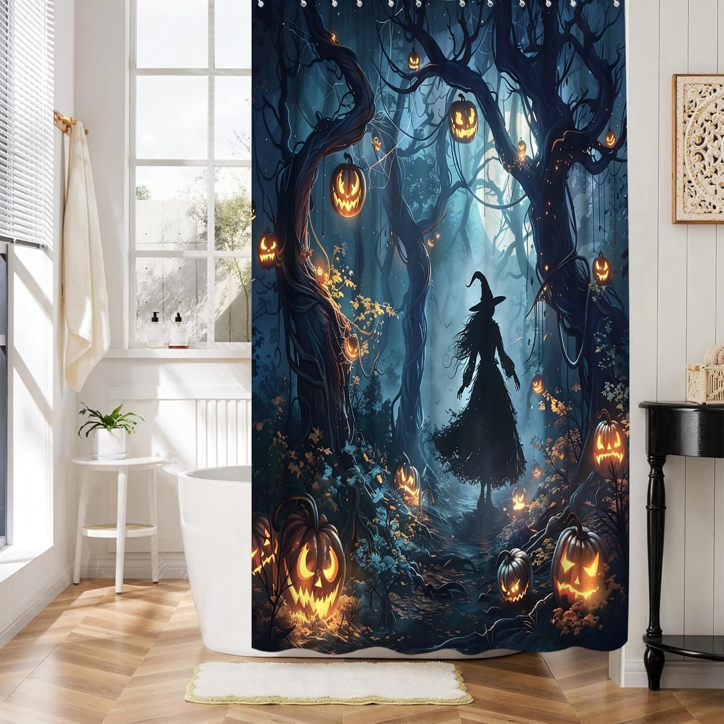 DSMEUE Halloween Witch Shower Curtain,Spooky Haunted Forest with Pumpkin Decor for Bathroom,Dark Gothic Blue Orange Fabric Curtain with Hooks,70x70 Inch