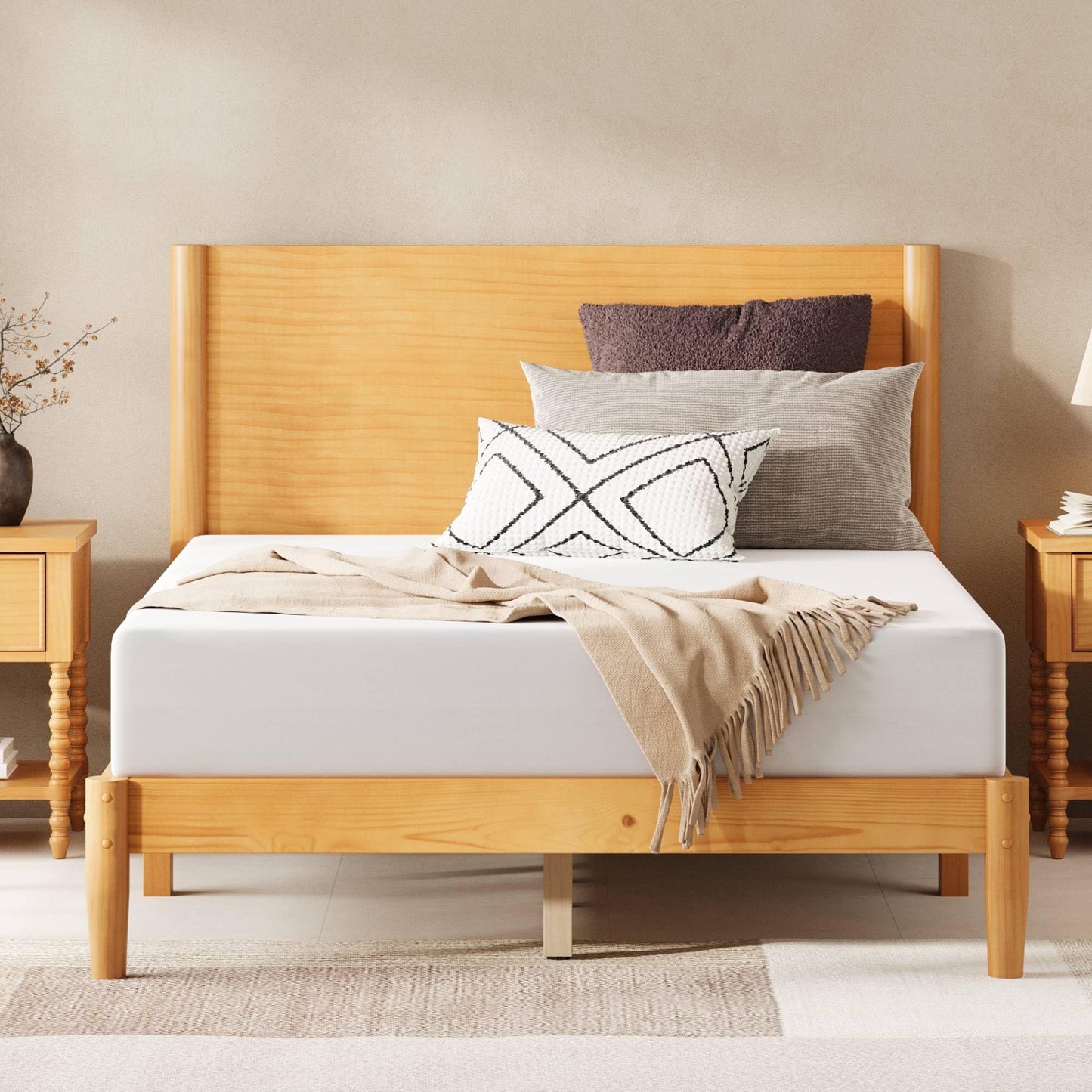 AMERLIFE Solid Wood Full Size Bed Frame, Mid Century Modern Platform Bed with Full Panel Headboard, Noise-Free & Cylindrical Legs, No Box Spring Needed, Under-Bed Storage, Natural Wood
