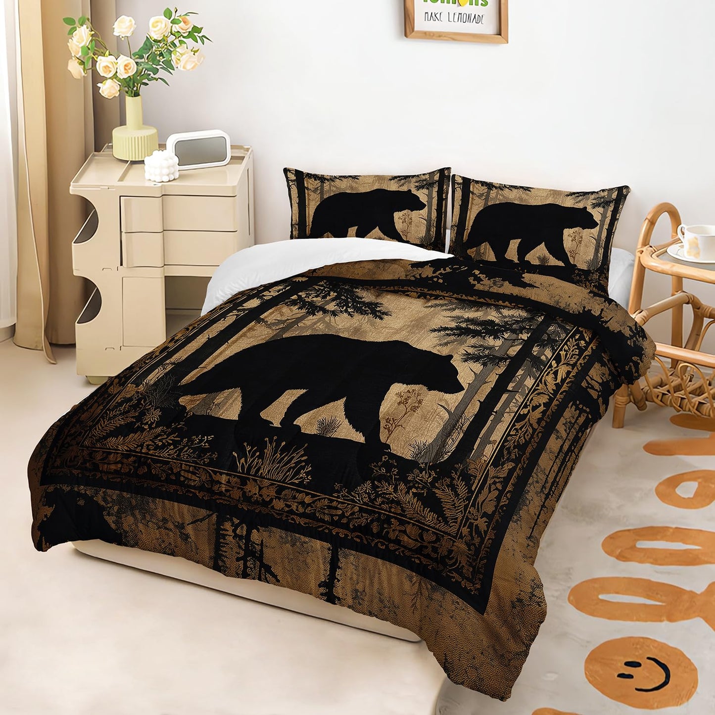 XYNHML Black Bears Hunting Animal Comforter 3Pcs Twin Wildlife Bear Forest Pine Tree Bedding Set for Kid Teen Boy Girl Adult Retro Rustic Bear Plant Quilt Bed Decor with 1 Comforter & 2 Pillowcases
