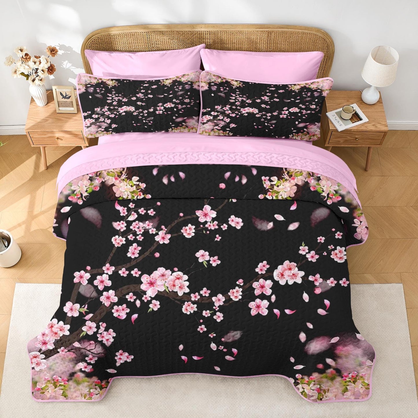 Pamnest 7 Pcs Quilt Set Queen Size, Cherry Floral Pink Soft Bed Cover Bedding Set for Kids and Adults, Japanese Black Bedspread with Fitted Sheet 2 Pillowcases & 2 Shams for All Season