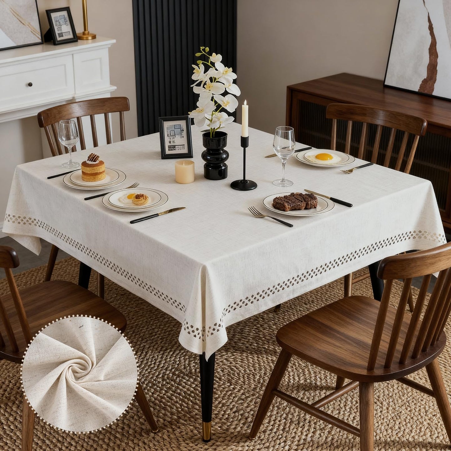 QDTTSRY Natural Tablecloth, Rectangle Tablecloth with Decorative Cutouts, Stain Resistant & Wrinkle Free Table Cover for for Dining Table (Natural Cotton Linen, 55" x 55" (Square))