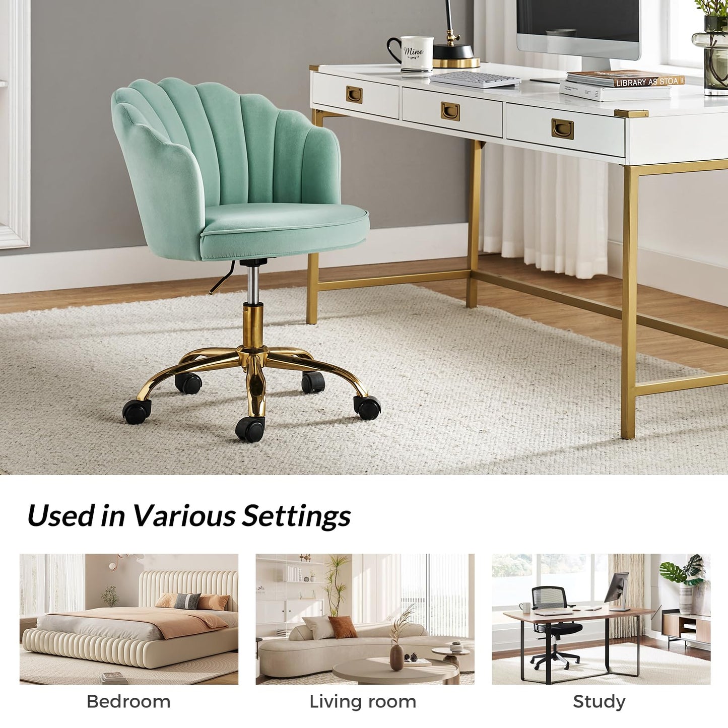 HULALA HOME Velvet Home Office Chair with Gold Base, Womans Modern Cute Shell Back Upholstered Desk Chair for Vanity, Adjustable Swivel Task Chair for Living Room, Sage