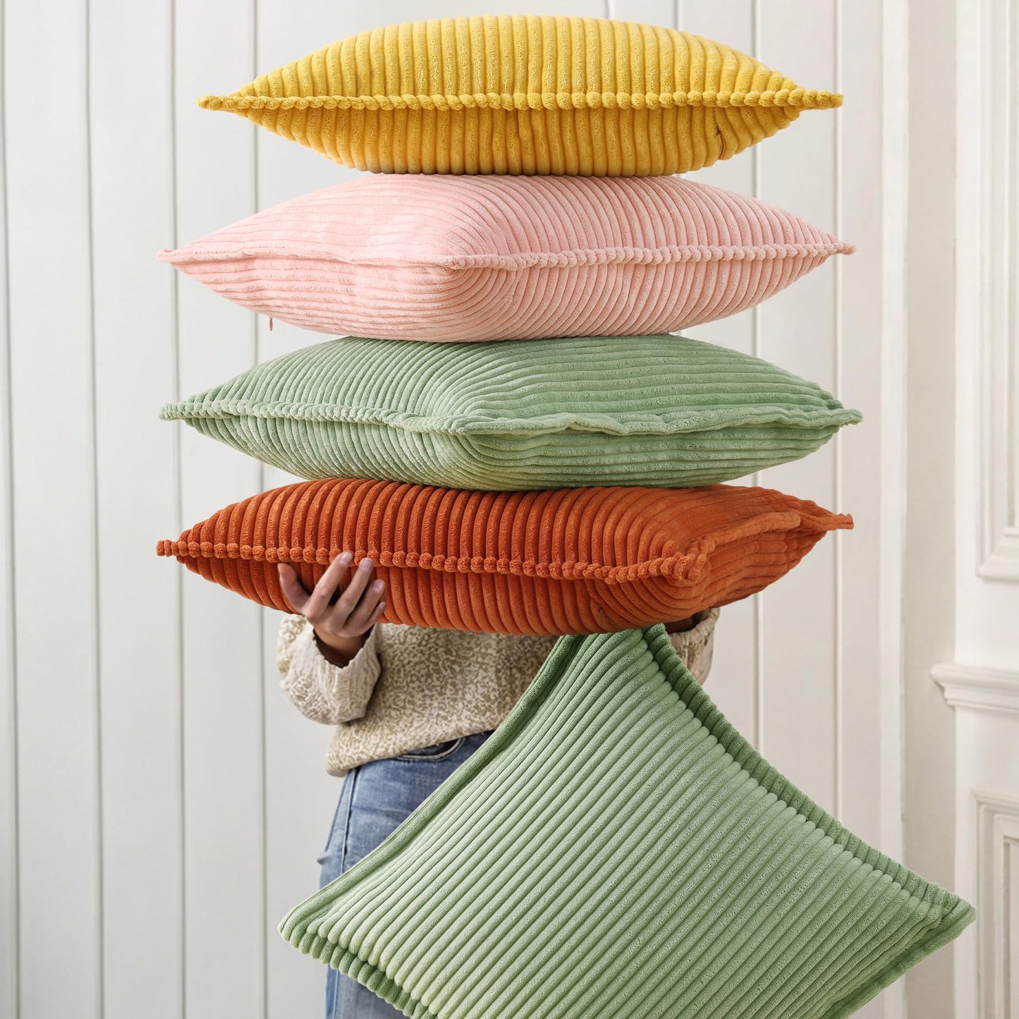 decorUhome Fall Corduroy Sage Green Euro Sham Throw Pillow Covers 22x22 Set of 2 Decorative Soft Boho Farmhouse Couch Pillow Covers for Living Room Bed Sofa Broadside Striped Pillow Cases